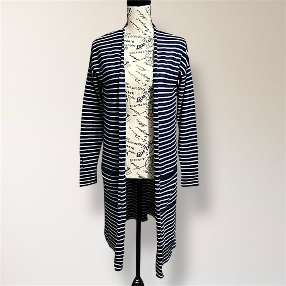 Athleta Retreat S Navy White Striped Silk Cashmere Open Cardigan Coastal Grandma